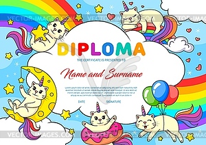 Kids diploma with cheerful caticorn character - vector clipart