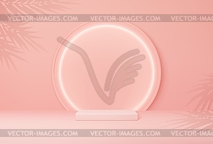 Pink round podium with palm leaves background - stock vector clipart