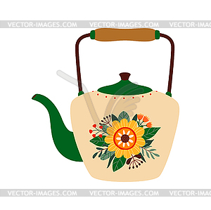 Ретро мультяшный чайник с цветочным принтом, заварочный чайник - векторное изображение EPS