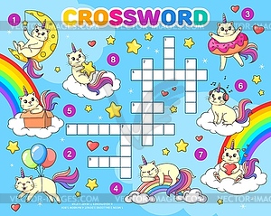 Crossword quiz game grid, cartoon funny caticorn - vector image