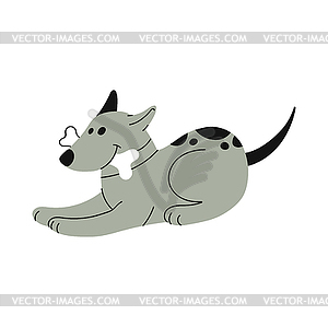 Cute dog doodle with bone in mouth, funny puppy - vector clip art