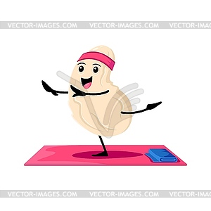 Cartoon cashew happy nut character on yoga class - vector clip art