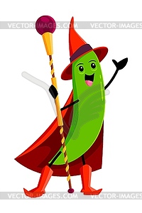 Cartoon bean or green pea pod wizard and sorcerer - vector image