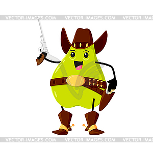 Cartoon pear fruit cowboy, sheriff, ranger, bandit - vector image