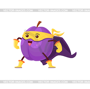 Cartoon plum fruit superhero damson character - vector image