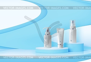 Blue podium with cosmetics mockup, product display - vector image