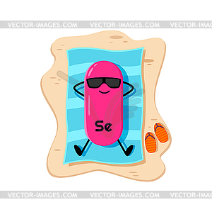 Cartoon selenium micronutrient character sunbathe - vector clipart