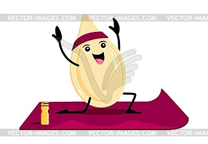 Cartoon happy pumpkin seed character on yoga class - vector clipart