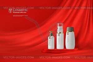 Red cosmetics podium with bottles and silk - vector clip art