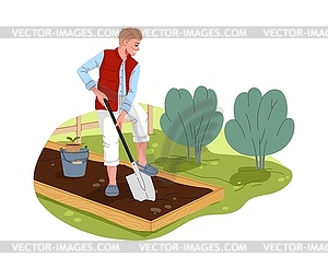 Cartoon farmer character planting vegetables - vector image