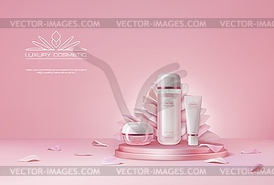 Pink podium with cosmetics and flower petals - vector clipart