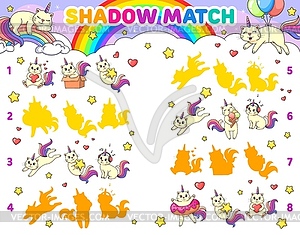 Shadow match game, cartoon funny caticorn cats - vector image