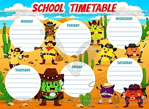 Timetable schedule with cowboy fruits characters - stock vector clipart