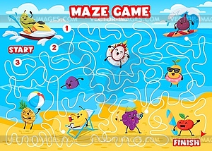 Labyrinth maze game, cartoon funny fruits on beach - vector clipart