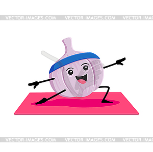 Cartoon garlic vegetable character yoga or pilates - vector image