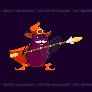 Cartoon eggplant halloween vegetable wizard, mage - vector image