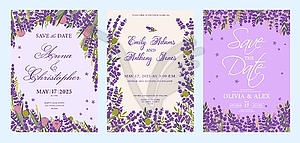 Wedding invitation with purple lavender flowers - vector image