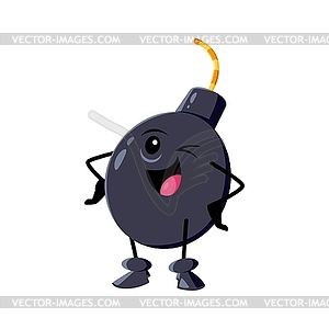 Cartoon bomb character, winks eye with mischief - vector image