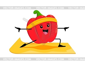 Cartoon bell pepper or paprika on yoga fitness - vector clip art