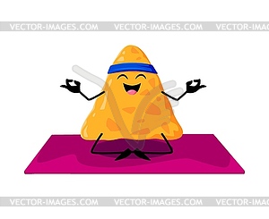 Cartoon Mexican nacho chip characters on yoga - vector image