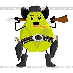 Cartoon pear fruit sheriff character, western - vector clipart