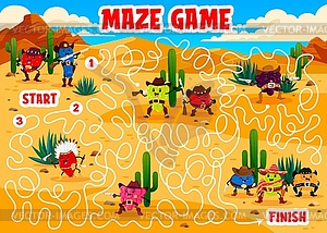 Western labyrinth maze game, cartoon berry cowboys - vector clip art