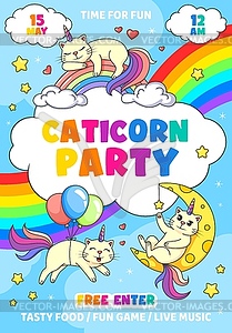 Kids party flyer with cartoon funny caticorn cats - vector clipart