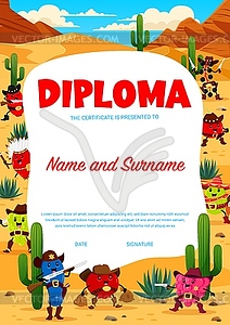 Western kids diploma cartoon berry cowboy, sheriff - vector clipart