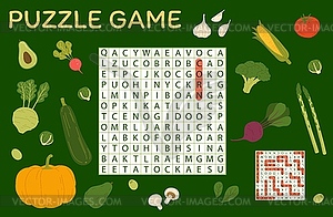 Word search puzzle game. Harvest raw vegetables - vector image