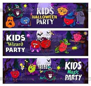 Halloween party, cartoon berry wizards at cemetery - vector image