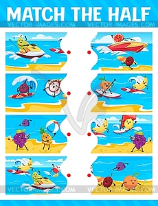 Match half game with cartoon fruits on beach - vector clip art