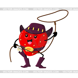 Cartoon funny cowboy strawberry berry spin lasso - vector clipart