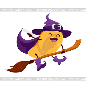 Cartoon mango fruit wizard riding broomstick - vector clip art