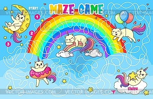 Labyrinth maze. Help caticorn cat to find friends - vector clipart