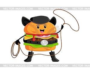 Cartoon fast food hamburger cowboy character - vector clipart