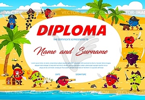 Kids pirate diploma cartoon berries on island - stock vector clipart