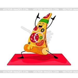 Cartoon fast food pizza character on yoga fitness - vector clipart