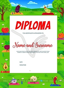 Kids diploma template. Funny vegetables on yoga - vector image