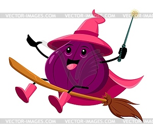 Cartoon figs fruit wizard character riding broom - vector image