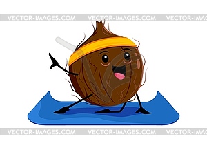 Cartoon happy coconut character on yoga or fitness - vector image