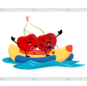 Cartoon cherry twins riding water banana boat - vector clipart