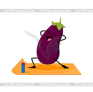 Cartoon eggplant vegetable character in yoga pose - vector clipart