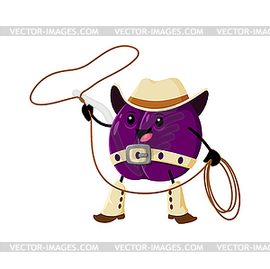 Cartoon plum fruit cowboy, sheriff, ranger, bandit - vector clip art