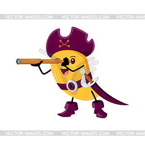 Cartoon mango fruit pirate corsair with spyglass - vector clipart