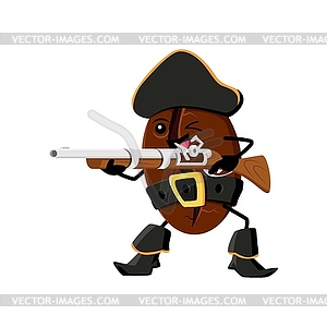 Cartoon coffee bean pirate character with musket - vector clipart