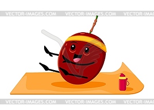 Cartoon plum fruit character on yoga fitness - vector image