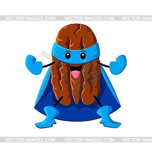 Cartoon pecan nut superhero character in blue mask - vector image