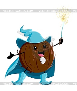 Cartoon coconut wizard character, unpeeled nut - vector clip art
