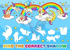 Find correct shadow of caticorn cats and kittens - vector image