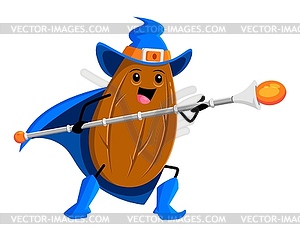 Cartoon almond nut wizard armed with magic staff - vector clipart